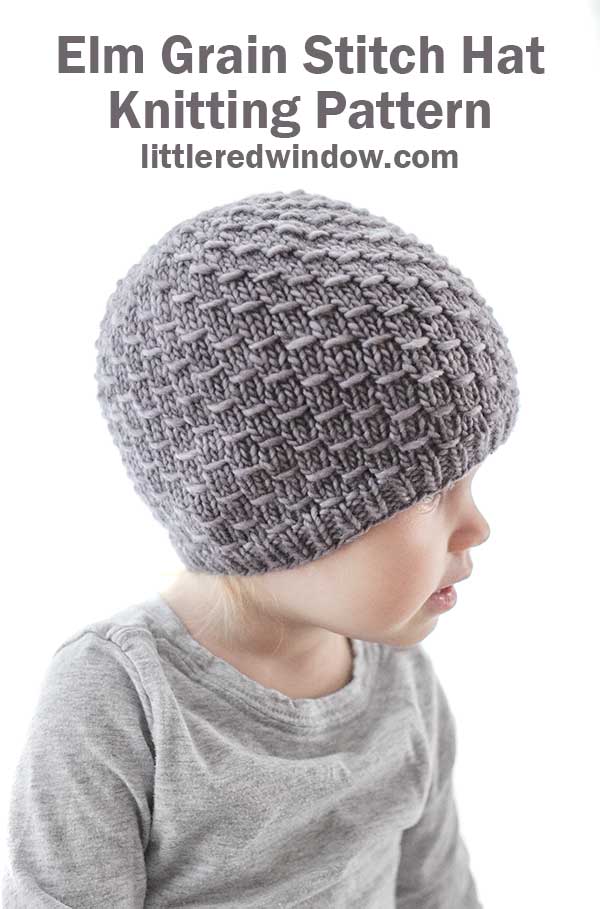 little girl in gray shirt wearing knit hat knit with the elm grain stitch in gray yarn