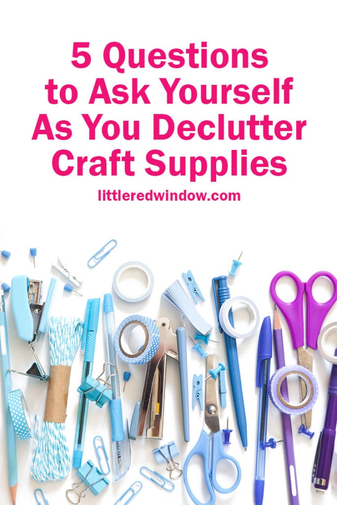 School accessories are laid out in the form of a rainbow. Line, row on a white background. with the words 5 questions to ask yourself as you declutter craft supplies