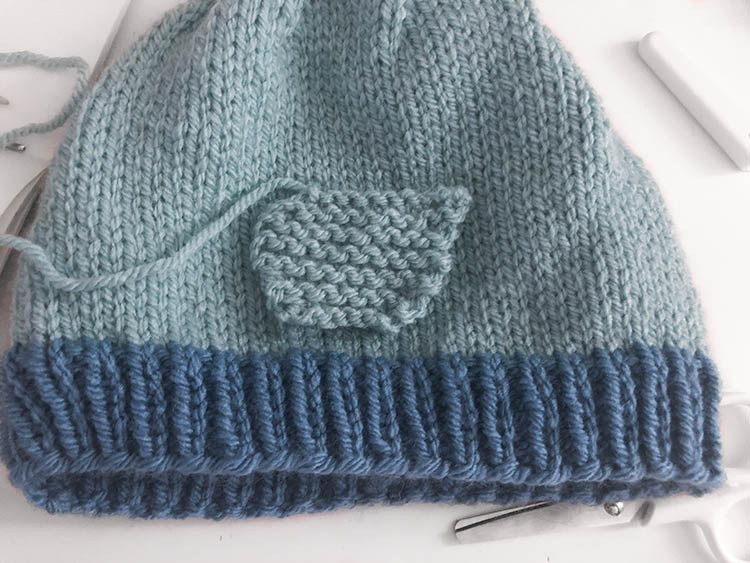 one bluebird wing placed on the side of the knit hat