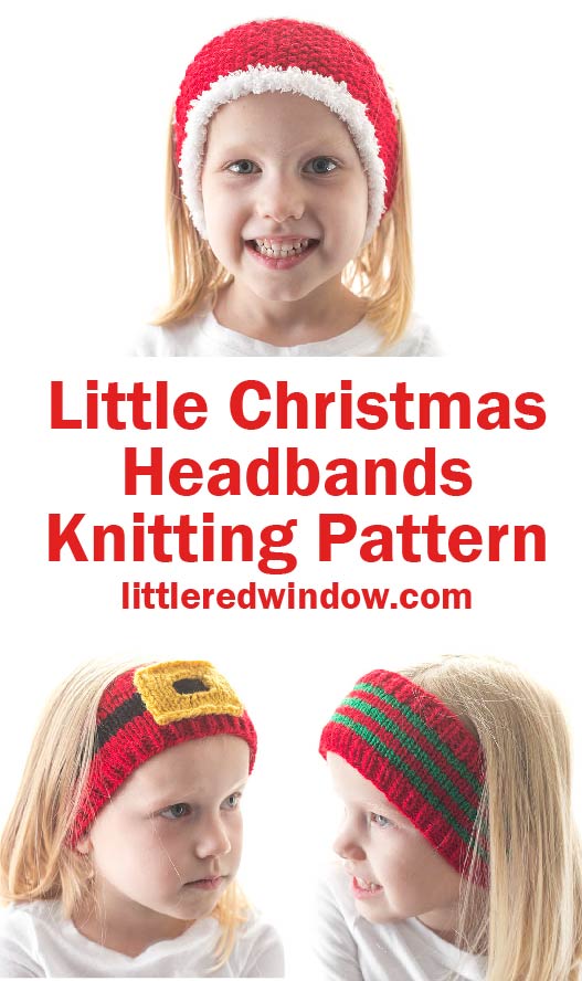 three knit christmas headbands in red and green