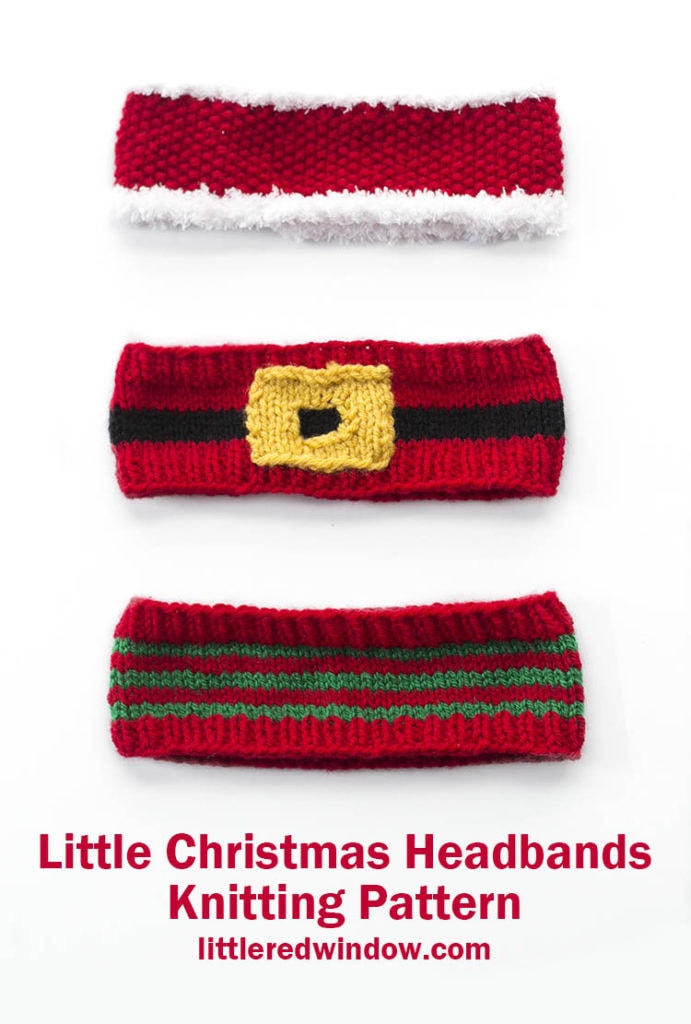 three knit christmas headbands in red white and green on a white background all lined up vertically