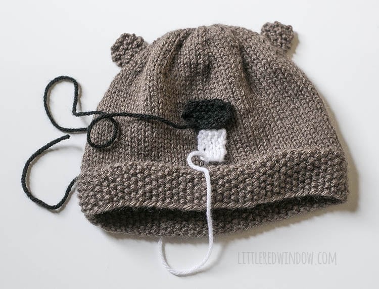brown knit hat with beaver nose and teeth laid on top to show placement on the front of the hat