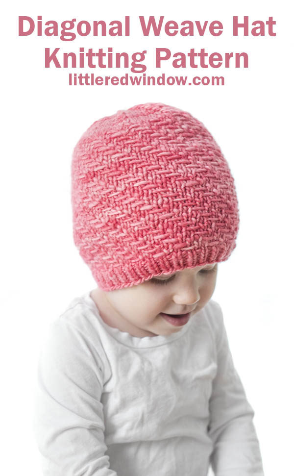 girl in white shirt wearing bubblegum pink knit hat with diagonal weave knit pattern on it