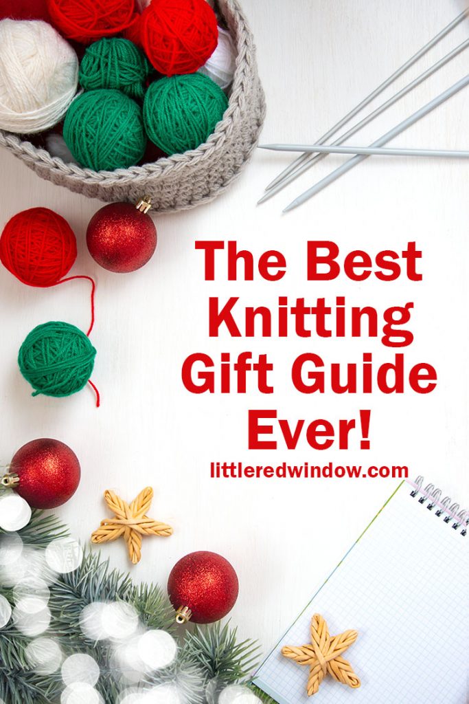Green and red yarn in a knitted gray basket, a notebook for notes, knitting needles and a spruce branch on a white background. Home comfort and christmas concept. Women's and men's hobby knitting. with the words the best knitting gift guide ever