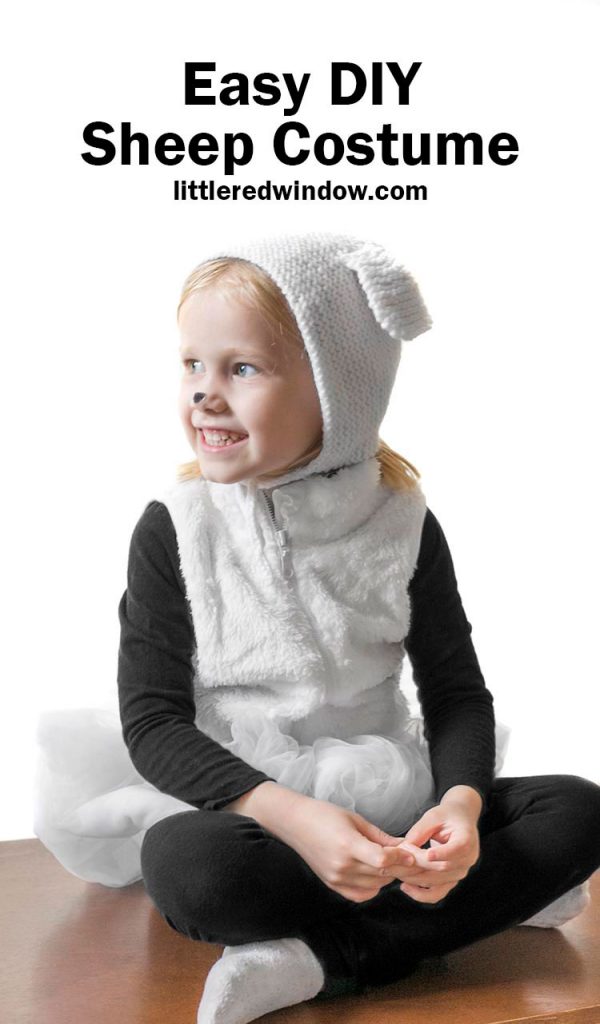 little girl in furry white vest and sheep bonnet with the words easy diy sheep costume in black