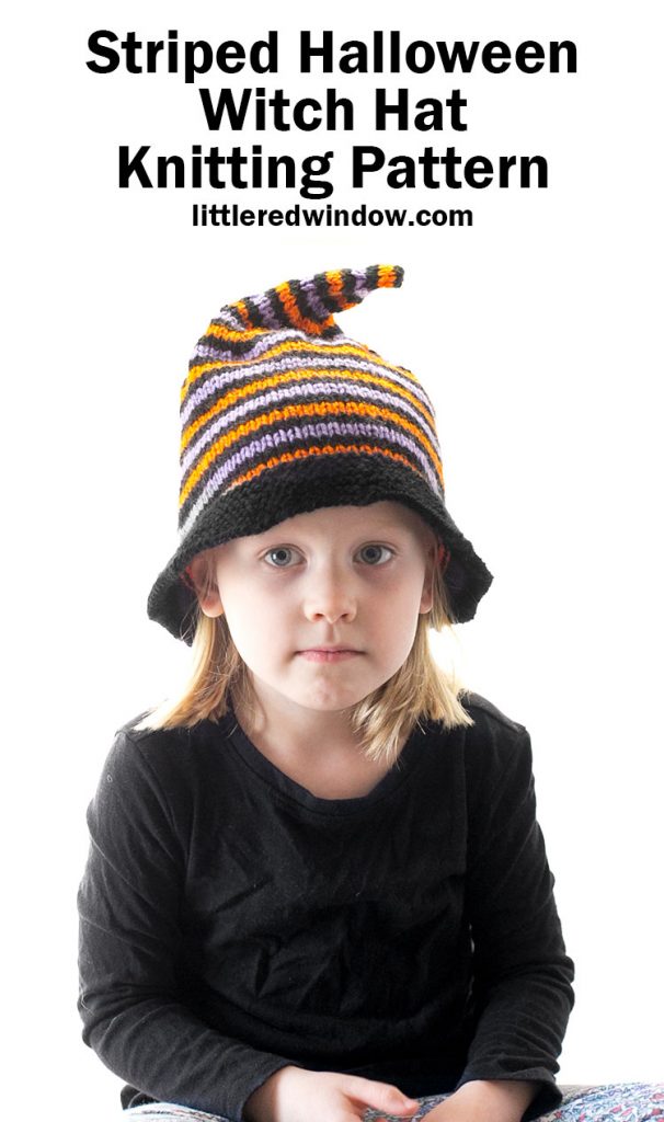 little girl in black shirt wearing striped halloween witch hat knitting pattern sample