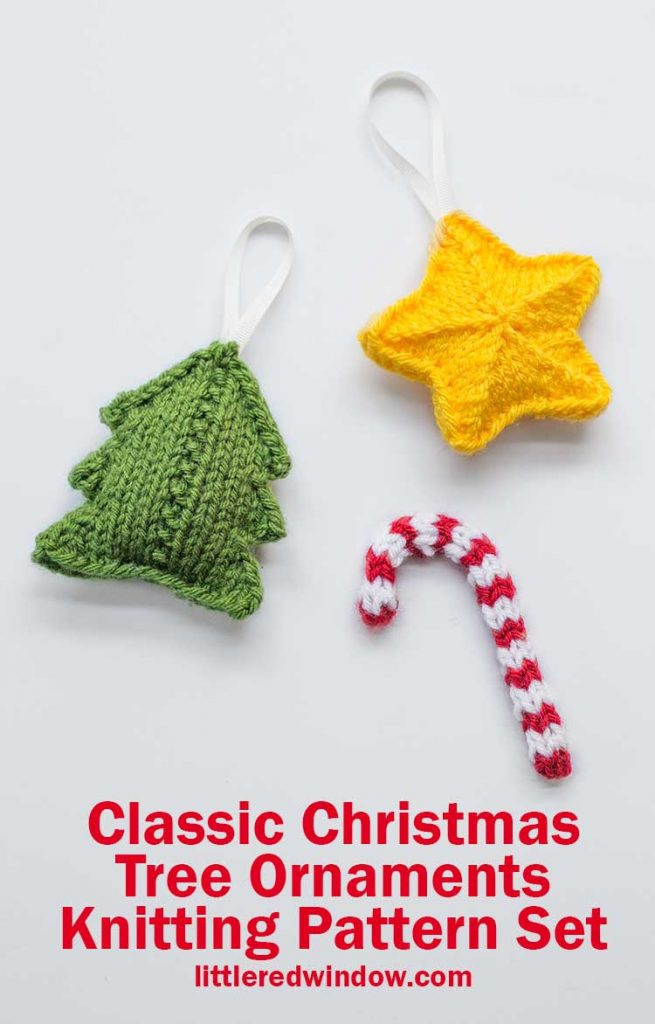 This classic Christmas Tree Ornament Set knitting pattern has easy instructions to knit a perfect candy cane, tree and star ornament!