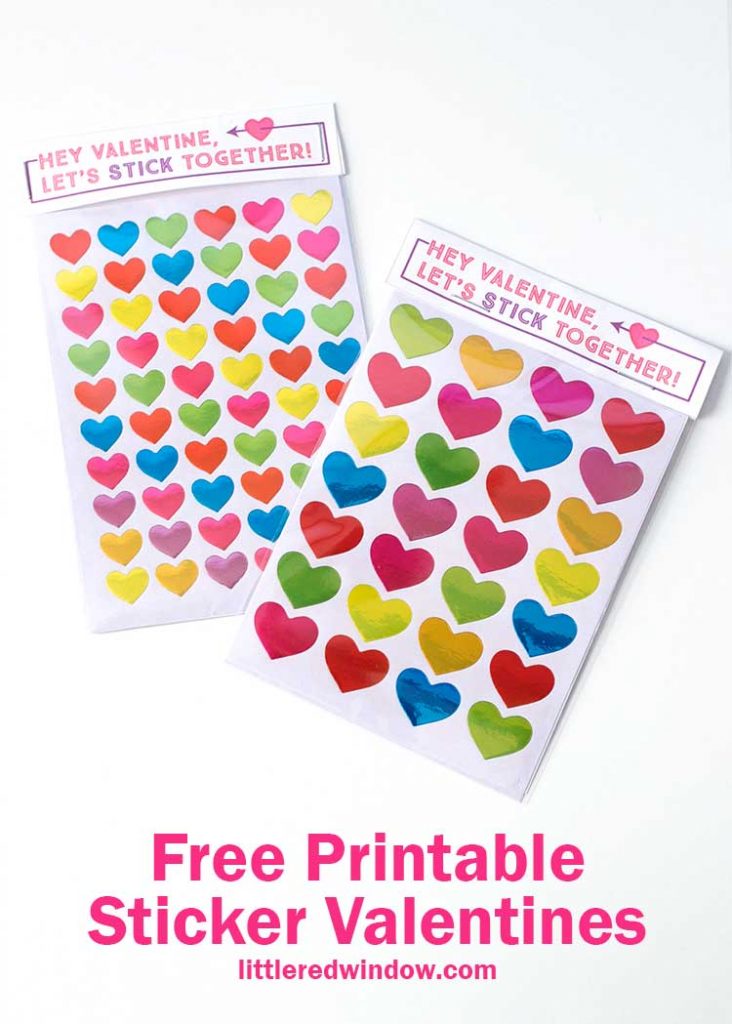 two sets of sticker valentines with free printable labels on top