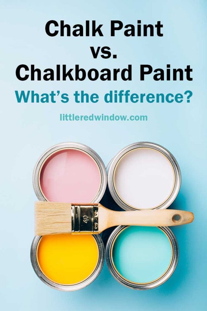 top view of four cans of paint in pastel colors with a paintbrush balanced on top on a light blue tabletop with the words chalk paint vs chalkboard paint above