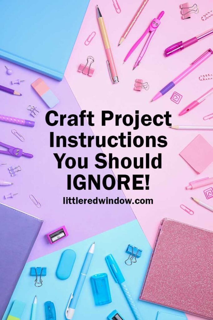assorted office supplies and notebooks in pastel shades on light pink purple and blue sheets of paper with the words craft project instructions you should ignore on top