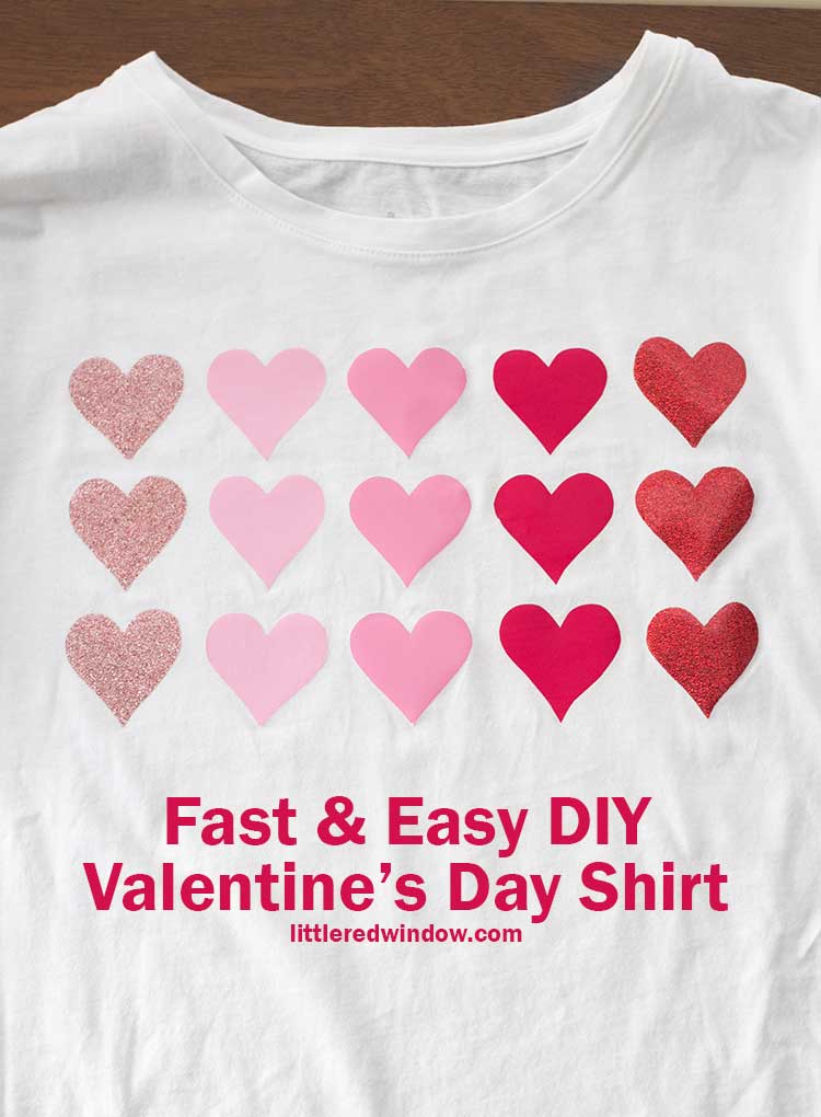 finished adult fast and easy diy valentines day shirt with 18 heart shapes in shades of pink in rows on the front