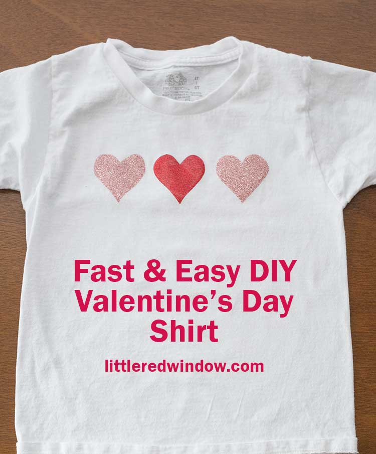 finished child sized diy valentines day tshirt with 3 glitter hearts on the front