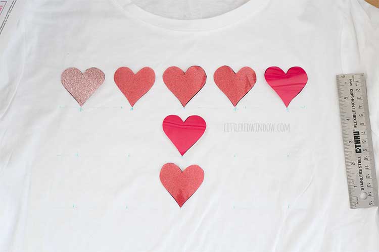 top view of white tshirt front showing how to lay out the heart shapes in 3 rows and 6 columns