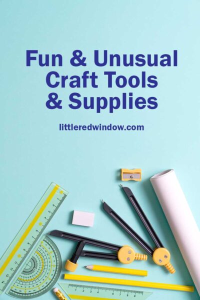 yellow and black drafting and drawing tools on a light blue background that says fun and unusual craft tools and supplies