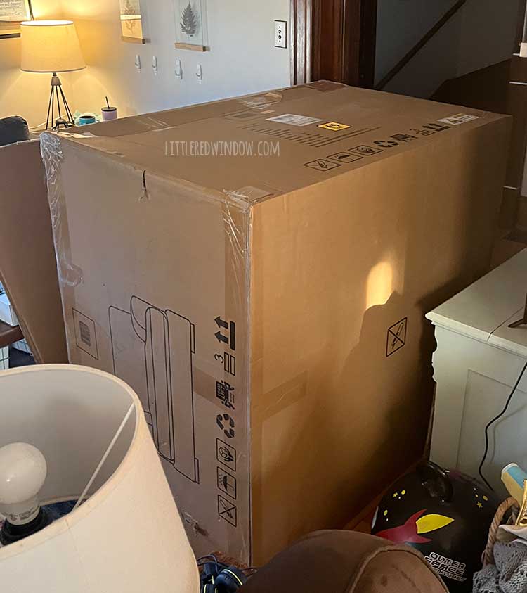 a huge cardboard box crowded in the middle of a small living room