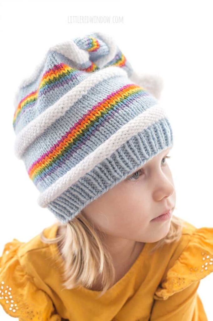 closeup of rainbow stripes on the rainbow stocking cap knitting pattern