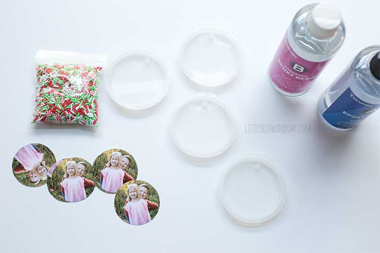 bag or faux sprinkles in red and green four circular photos four ornament molds and two bottles of resin on a white background