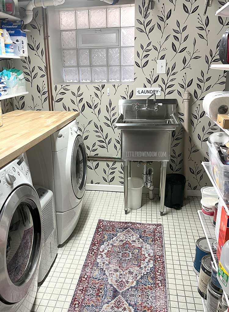 photo of basement laundry room with stainless steel sink glass window and light gray walls with black leaf decal pattern all over
