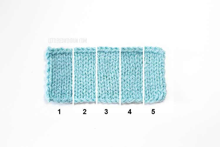 light blue rectangle swatch of knitting divided into 5 parts each showing a different easy cast on method for knitting