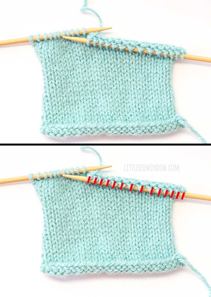 two light blue in progress knitting swatches on the bottom the completed live stitches on the right needle are counted with red has lines on top of them