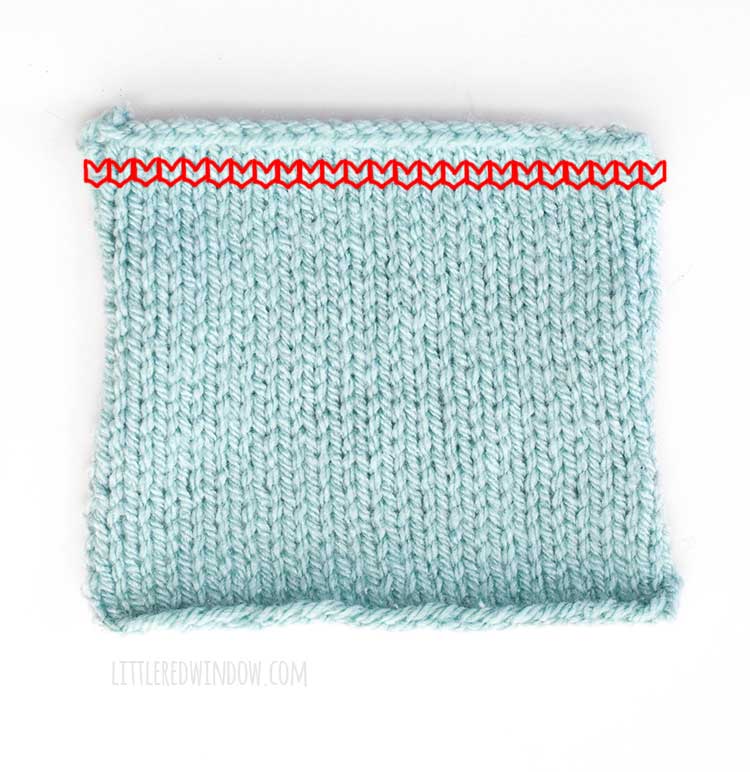 light blue swatch of stockinette knitting with each stitch in one row outlined in red for a total of 24 stitches