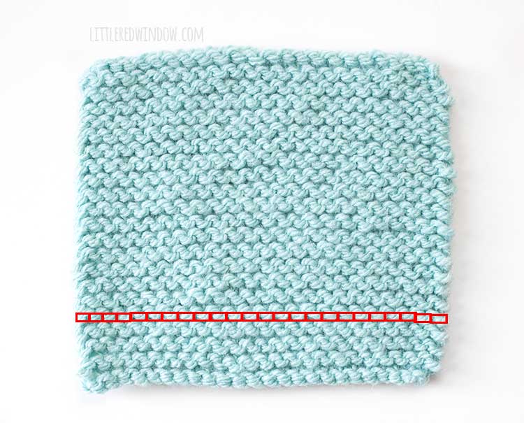 light blue square of garter stitch knitting with red rectangles showing how to count the stitches in that row