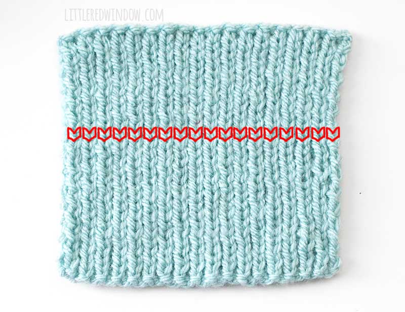 light blue square of 1 by 1 ribbing with the knit stitches in a single row outlined in red