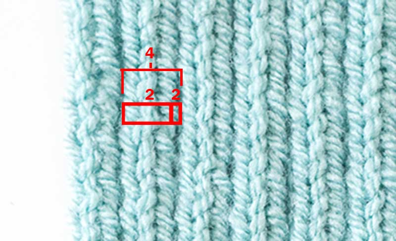closeup of 2 by 2 ribbing swatch in light blue with the knit and purl columns highlighted in red
