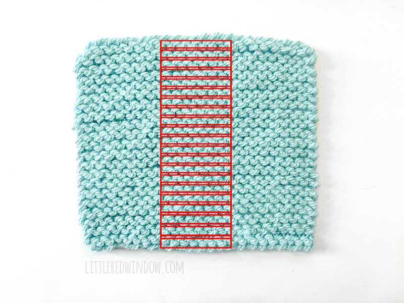 light blue swatch of garter stitch knitting with the rows outlined in red rectangles