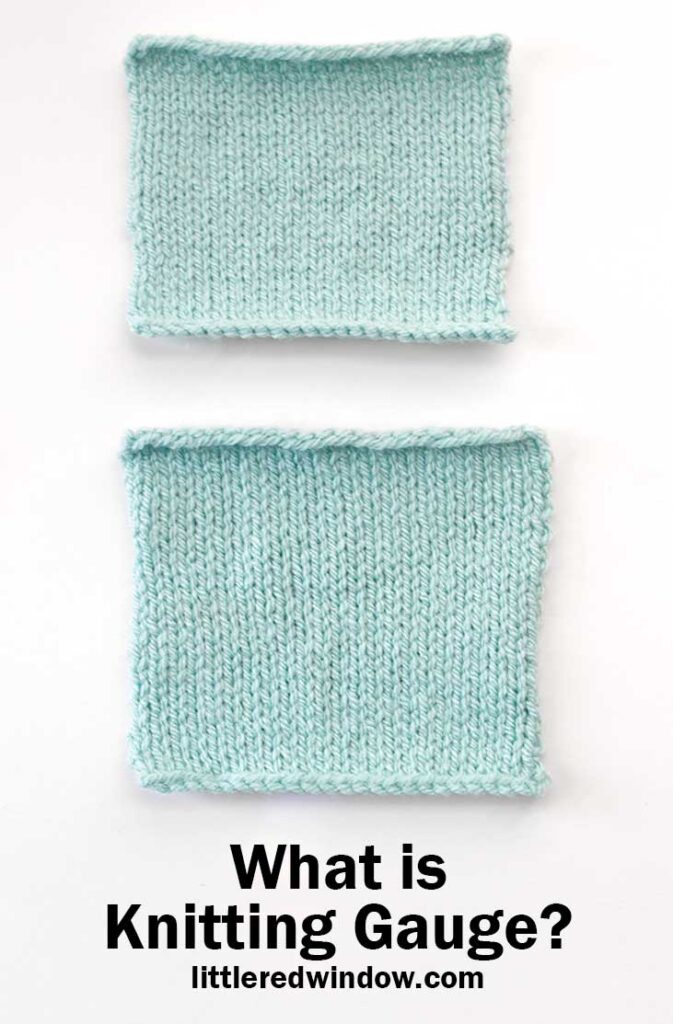 two light blue squares of knitting on a white background with the words what is knitting gauge below in black