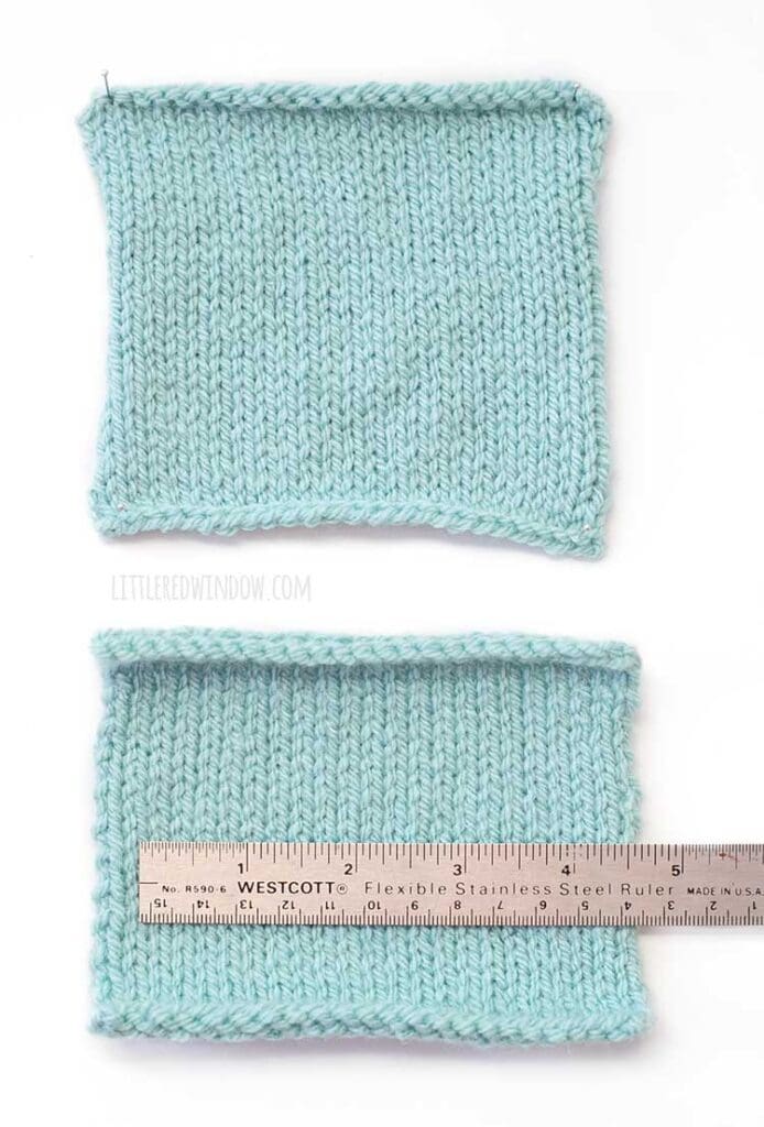 two similar squares of light blue knitting with a steel ruler on top of the bottom one on a white background