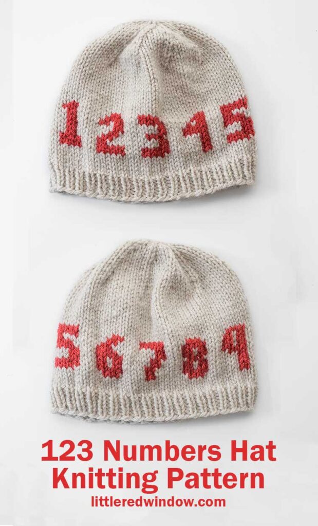 two tan knit hats on a white back ground with the numbers 1 through 5 knit in red on the top hat and 5 through 9 on the bottom one