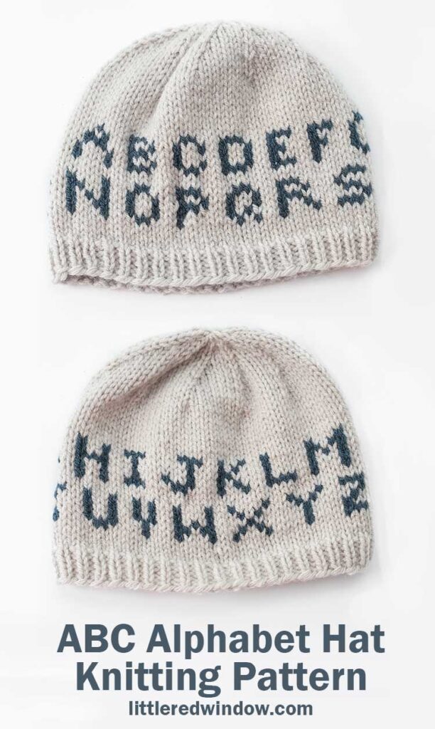 two tan knit hats on a white background with two rows of alphabet letters on them 