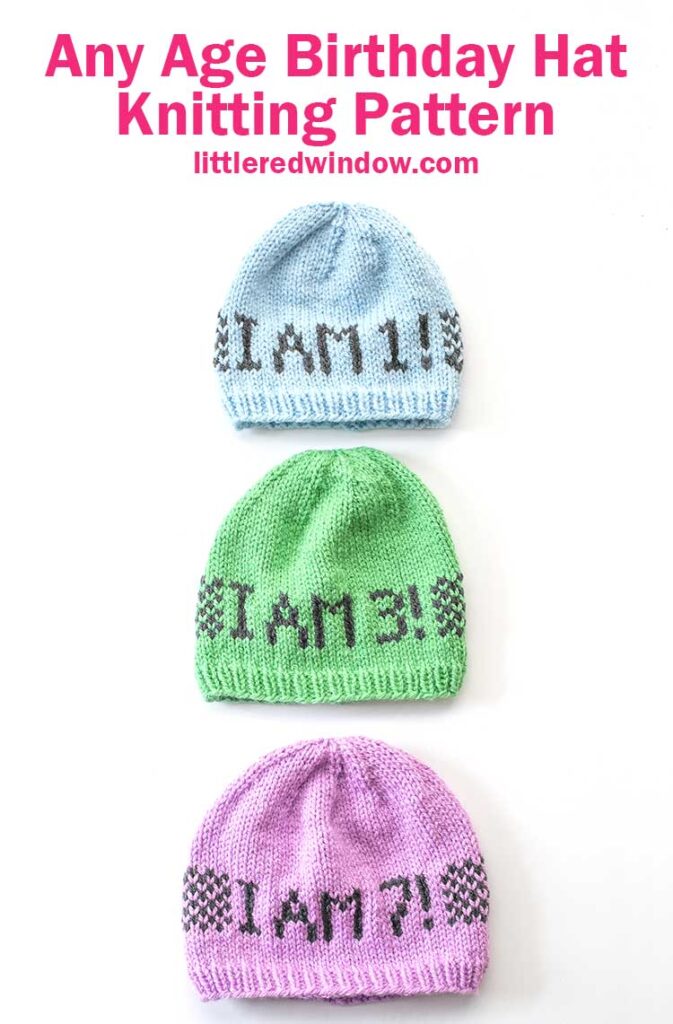 Three knit hats on a white background in light blue light green and lavender with the words I am 1 3 and 7 on them