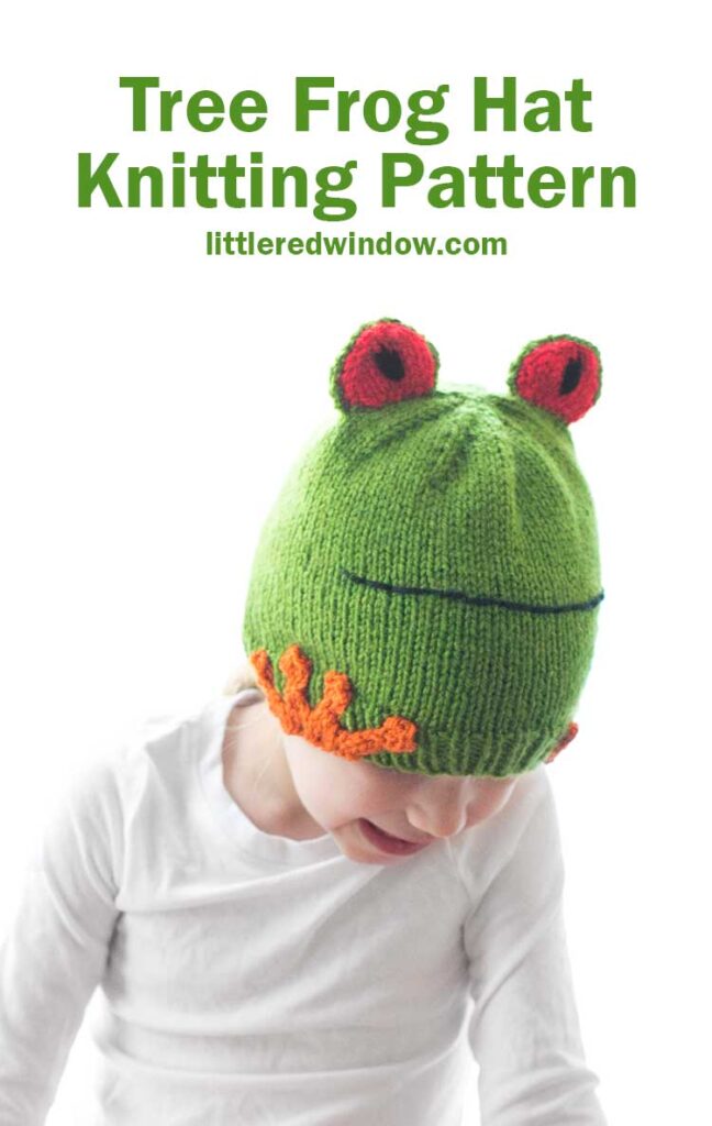 This adorable tree frog hat is colorful and fun and can be knit in any size from newborn to toddler, ribbit!