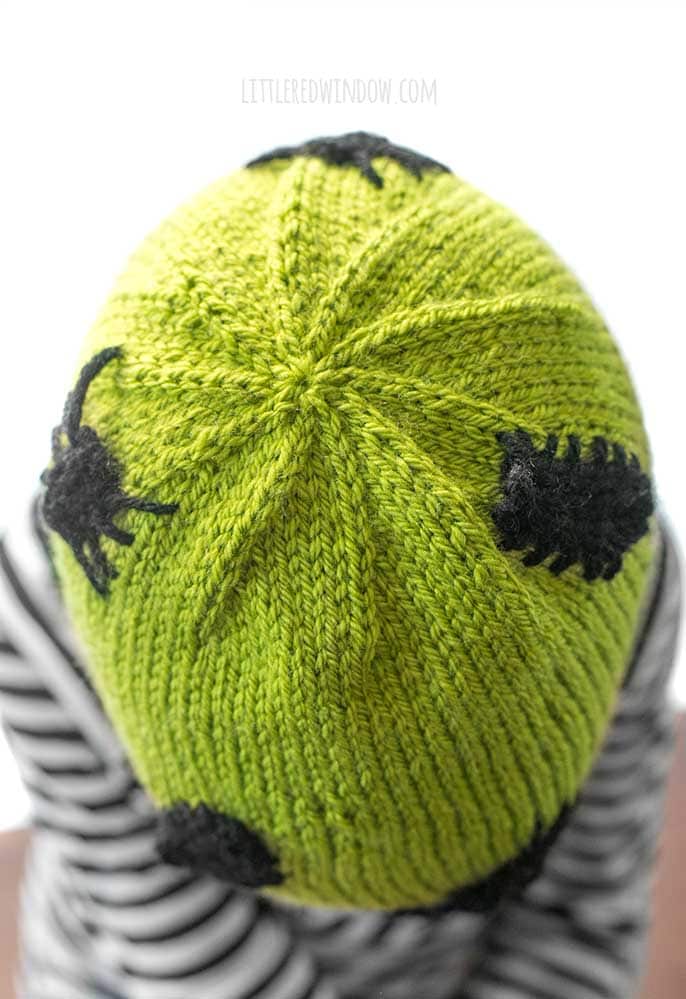 Top view of child in black and white striped shirt wearing an acid green knit hat with black knit spiders and bugs on it leaning forward and in front of a white background