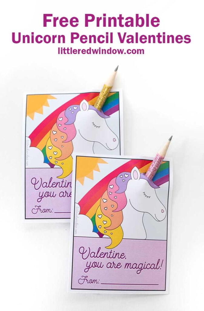 two unicorn valentine cards with glittery pencils coming through the top to look like unicorn horns on a white background