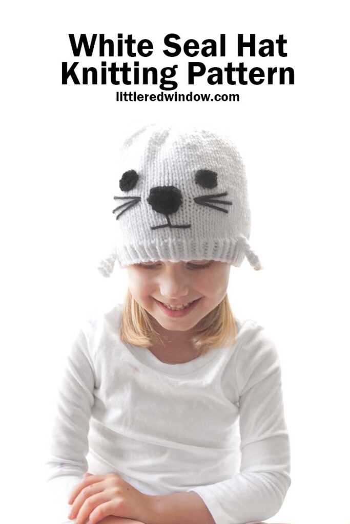 Knit up a cute white seal hat with this easy baby knitting pattern for your newborn, baby or toddler!
