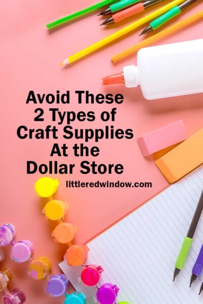 craft supplies include school glue paint erasers and colored pencils on a light pink background
