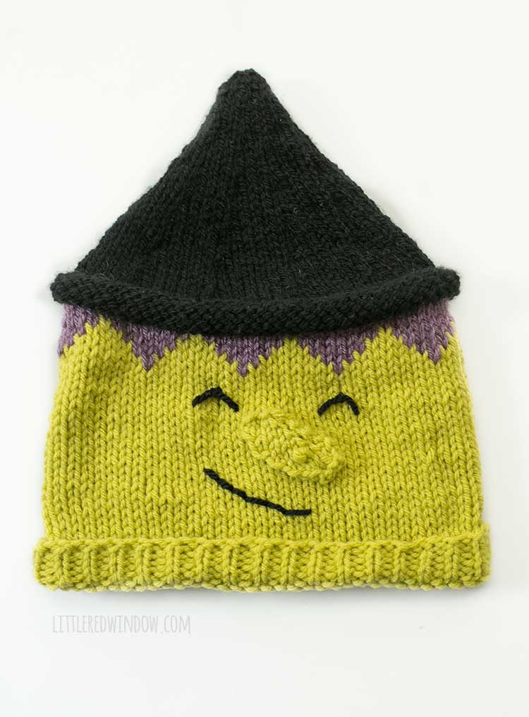 Flat lay of knit hat that looks like a smiling witch head complete with green skin warty nose purple hair and black point hat on top in front of a white background
