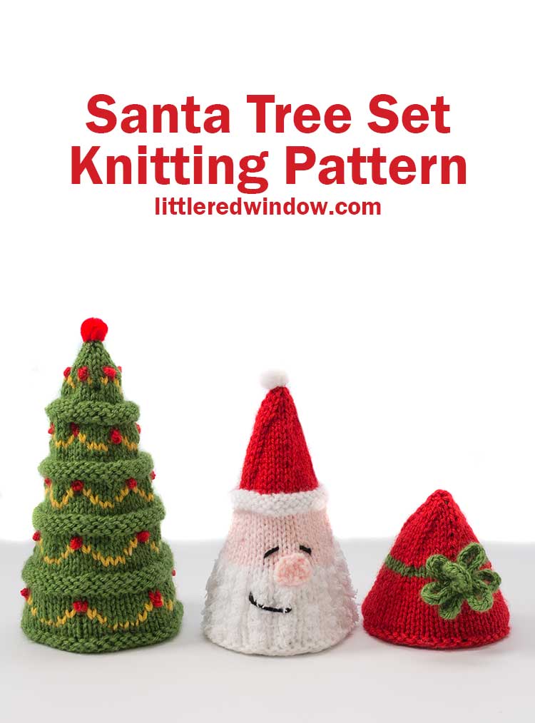 Three cone shaped knit Christmas trees that look like a classic green tree, a Santa head and a Christmas present with a bow in front of a white background lined up from largest on the left to smallest on the right