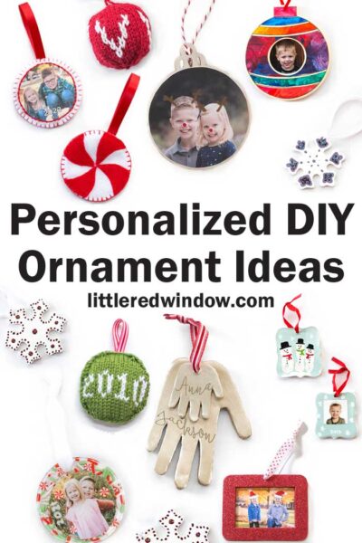 Variety of handmade DIY christmas ornaments on a white background
