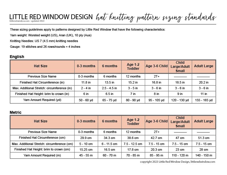 Sizing Chart for Little Red Window Hat Knitting Patterns