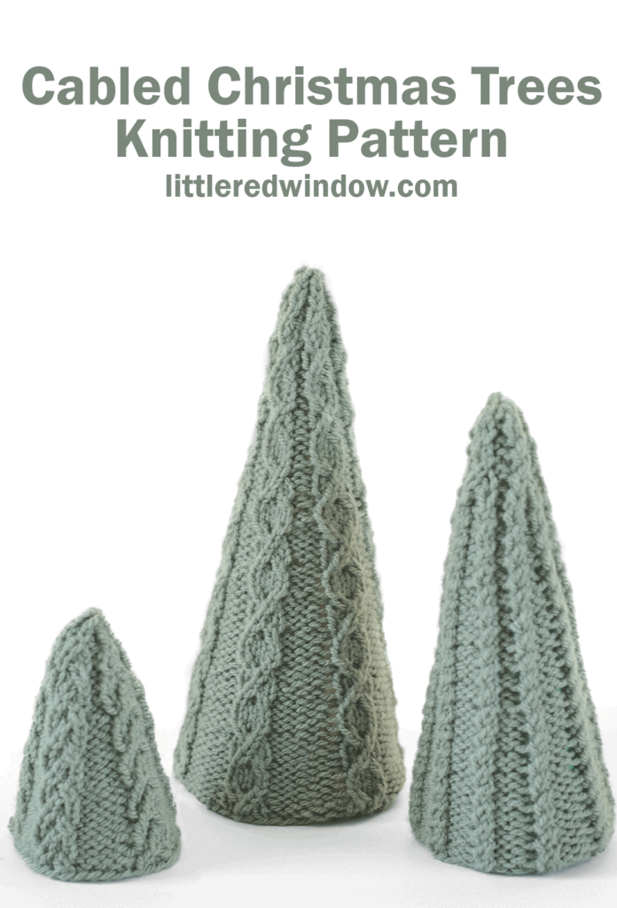 Three cabled Christmas Trees, knitted in soft green yarn and featuring delicate cable patterns, are displayed in small, medium, and large sizes. Text above reads, "Cabled Christmas Trees Knitting Pattern littleredwindow.com".