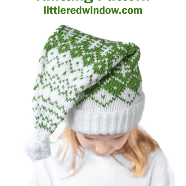 A child wearing an evergreen stocking cap with a green and white knit design and pom-pom looks down. Text above reads: "Evergreen Stocking Cap Knitting Pattern littleredwindow.com".
