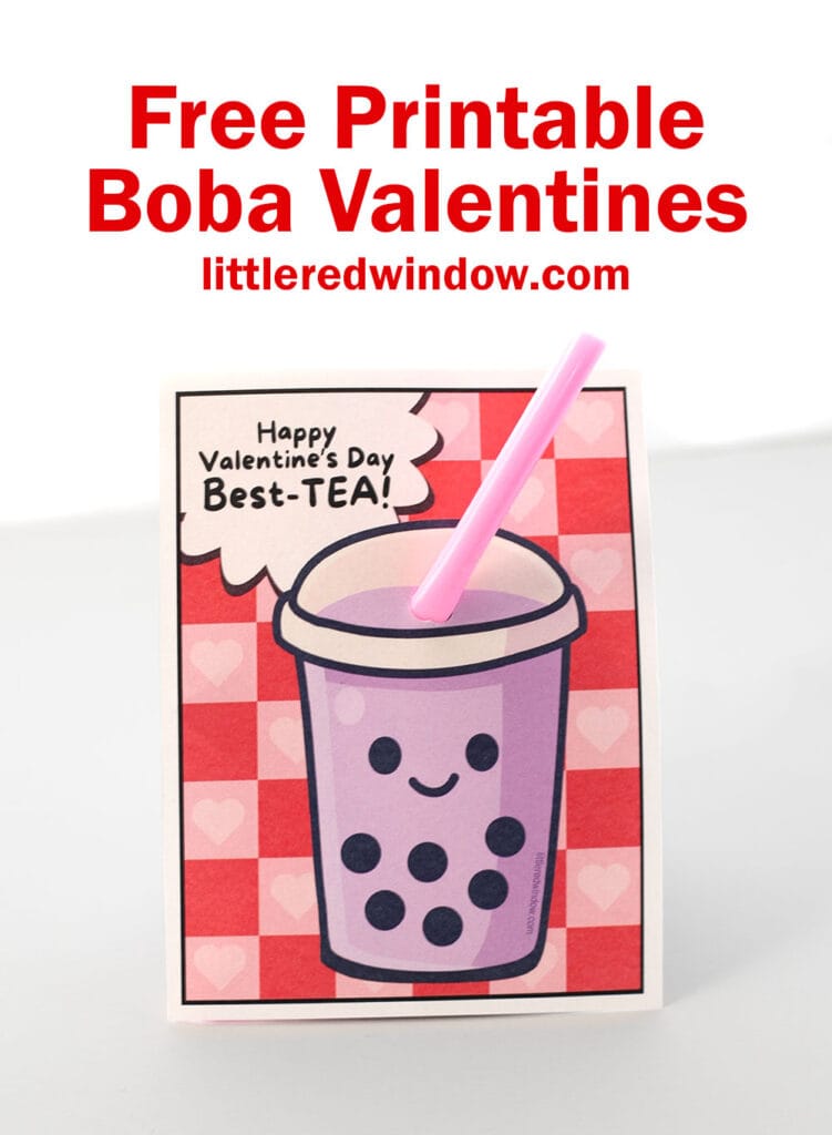 A card with a smiling boba tea cartoon, a pink straw, and the message